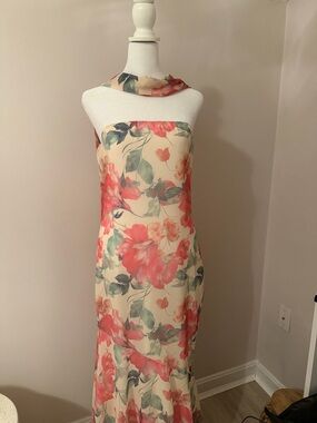 Strapless Floral Maxi Dress in Cream and Coral